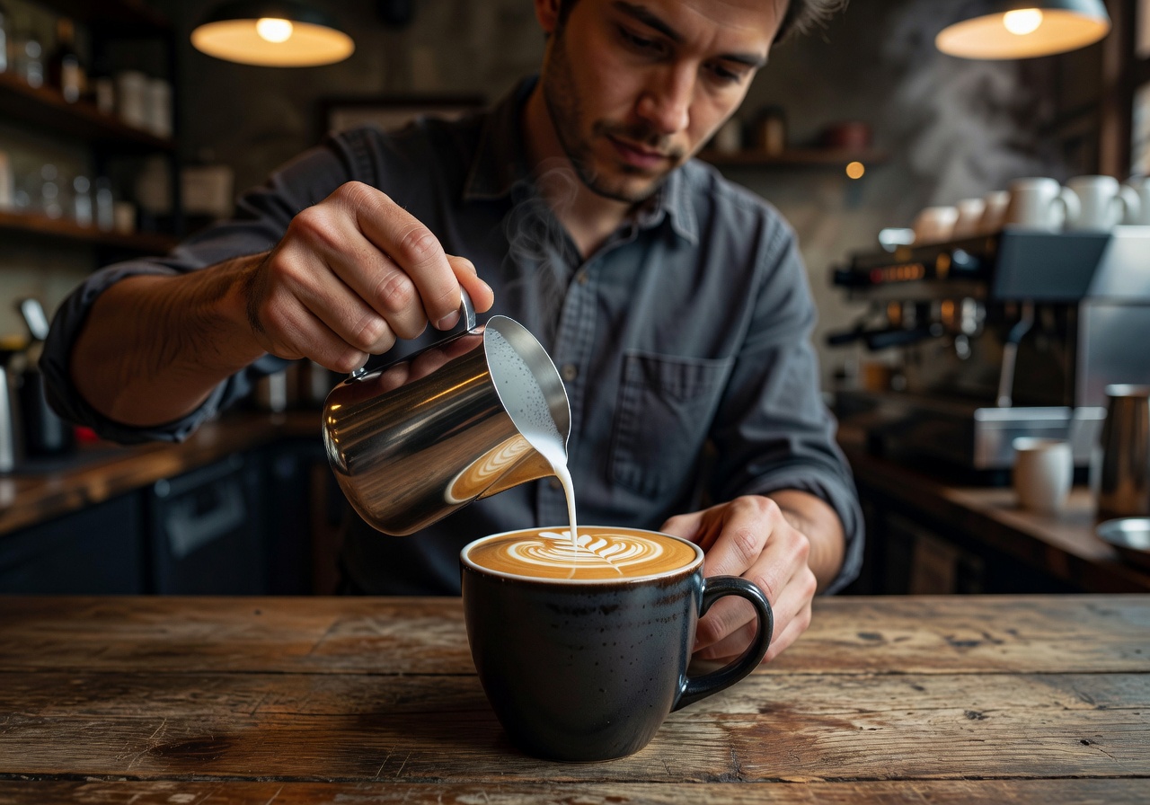 Barista carefully pouring latte art into a dark ceramic mug
