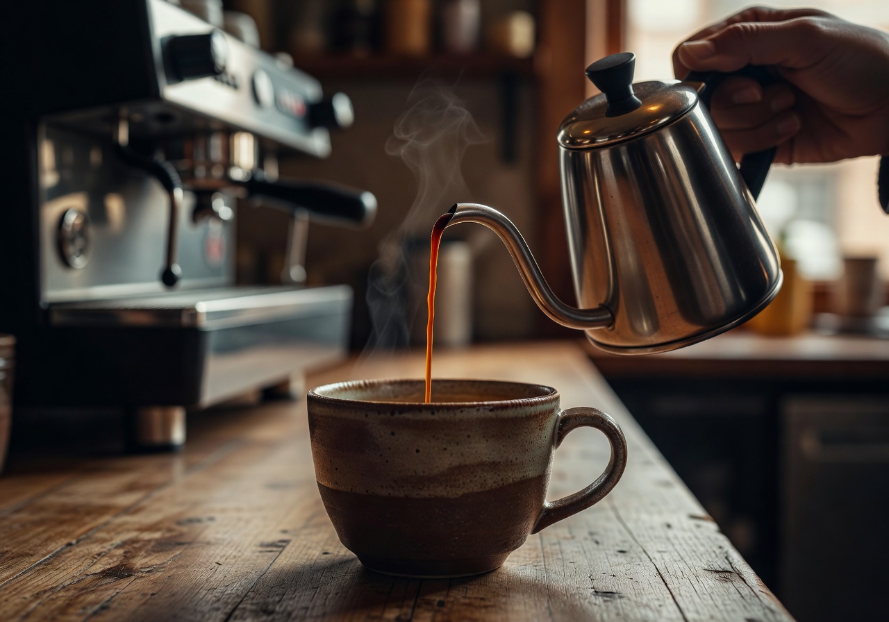 Cinematic pour of hot artisan espresso into a ceramic cup