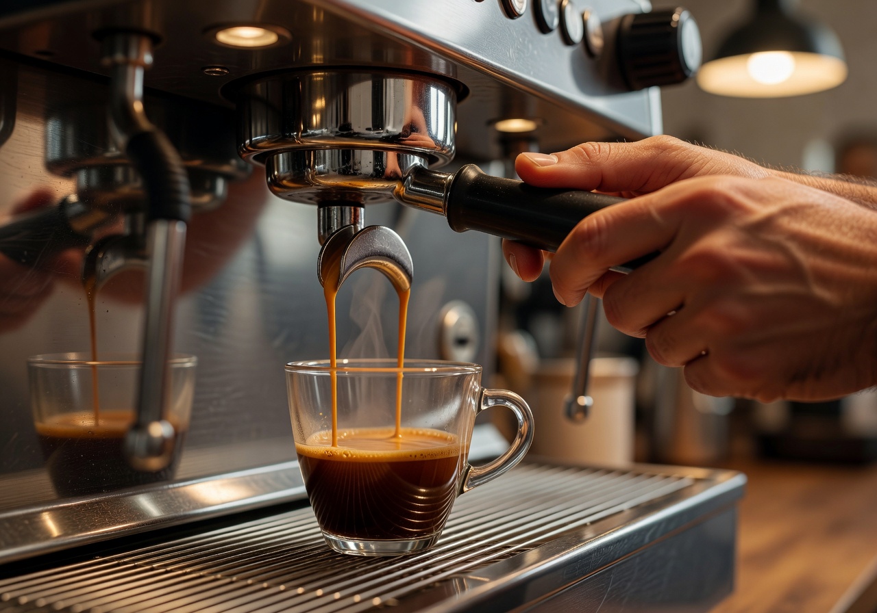 Close up of a barista pulling an espresso shot into a glass cup