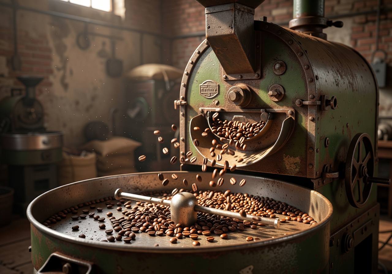 Coffee beans tumbling in a cooling tray of a vintage roaster