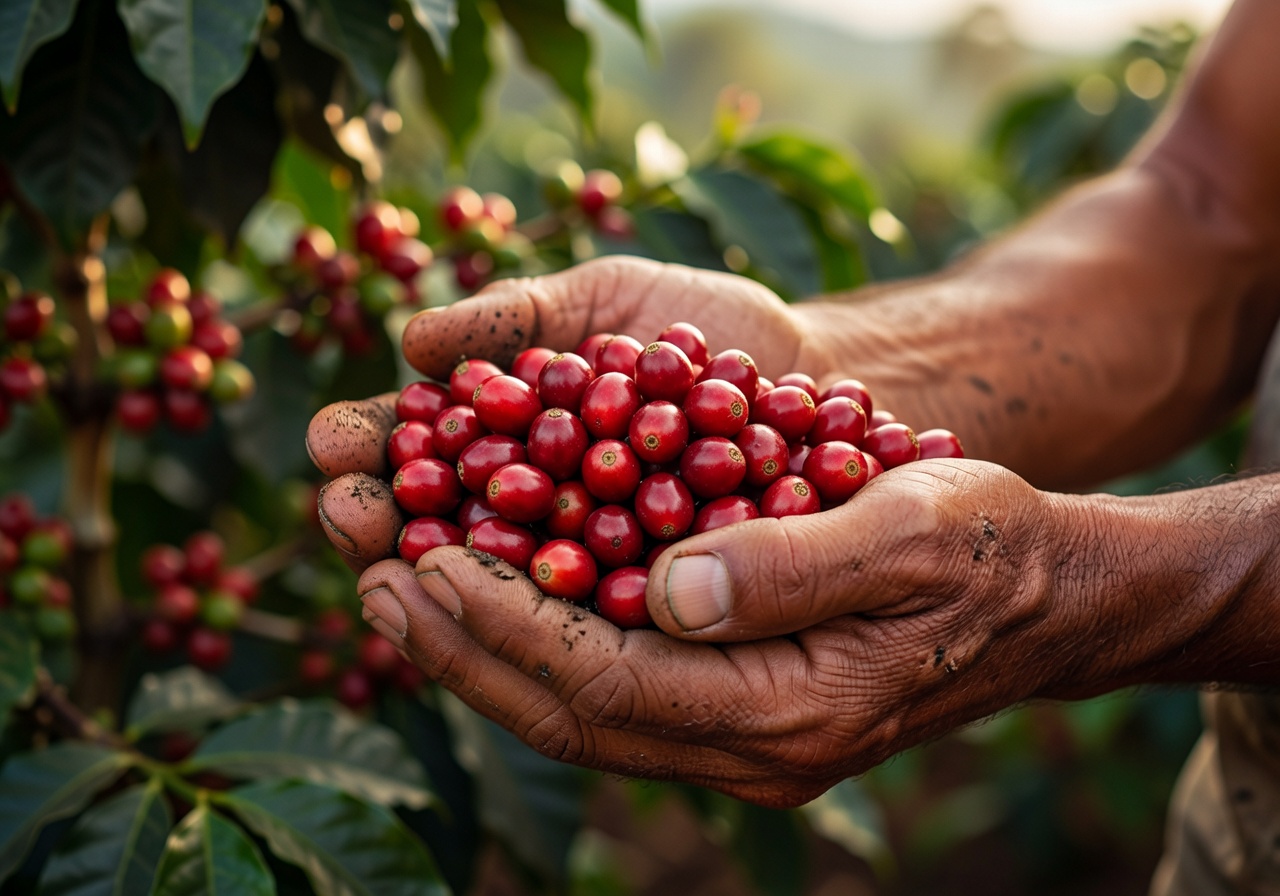 Coffee farmer hands holding freshly harvested red coffee cherries