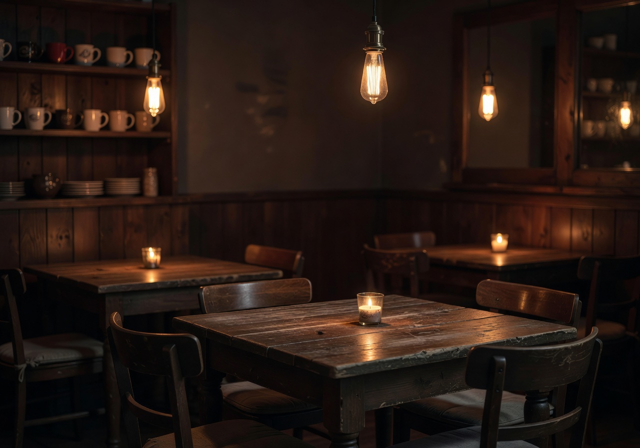 Cozy, dimly lit corner of the cafe with wooden tables and warm lighting