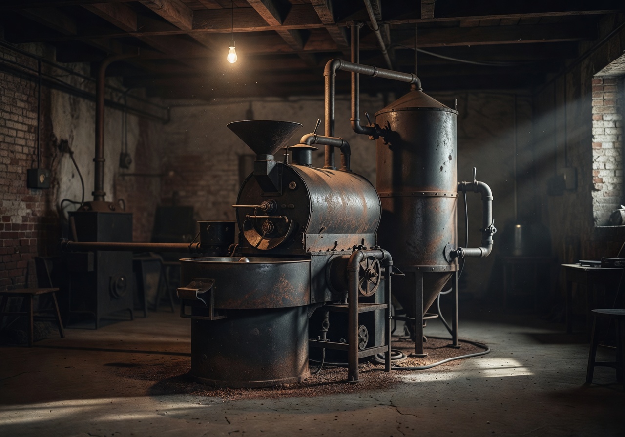 Vintage coffee roaster machinery in a dim atmospheric room